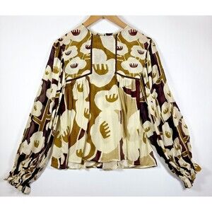 Blink London Blouse Anthropologie XXS Petite Olive Floral Sheer Long Sleeve Top